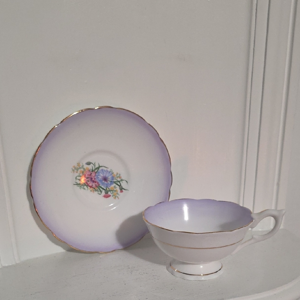 This is a vintage Royal Stafford Lavender bone china teacup and saucer set
